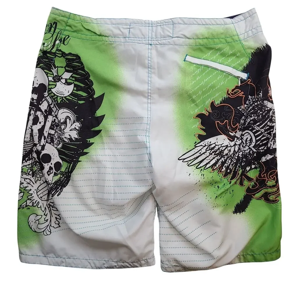 Pacific & Co Miami Board Shorts White Green Skull Surf Swim Trunks Mens 32